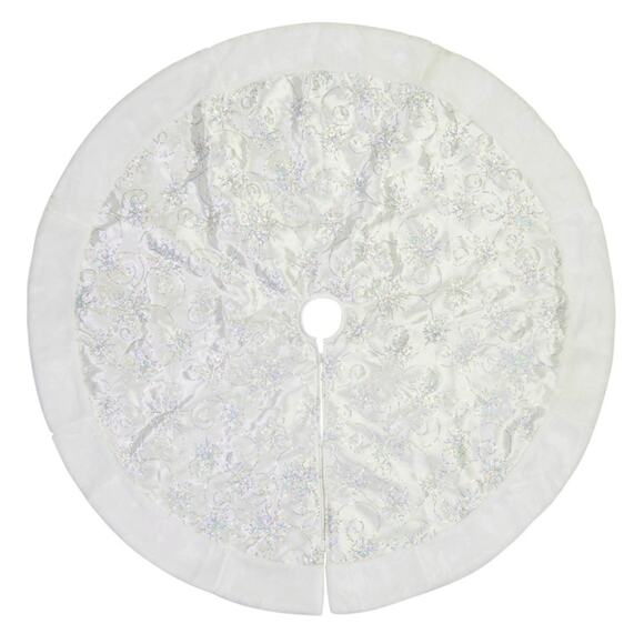 Faux Fur Trim Christmas Tree Skirt, White With Sequin Swirl Pattern - 1.2m NWOT